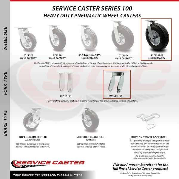 Service Caster 12 Inch Black Pneumatic Wheel Caster Swivel 2 Rigid, 2PK SCC-100S3506-PNB-2-R3506-2 - main